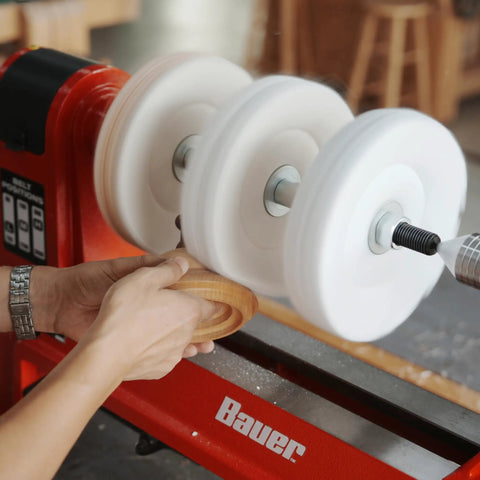 Woodworking Lathe Buffing System MT2 Mandrel 8 Inch Three Step Buffing Wheel Kit With Polishing Compounds in use on lathe
