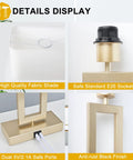 Detail features of Dual USB Table Lamps Set Of 2 With Touch Control 3 Way Dimmable Bedside Lamps showing fabric shade, socket, ports, finish.