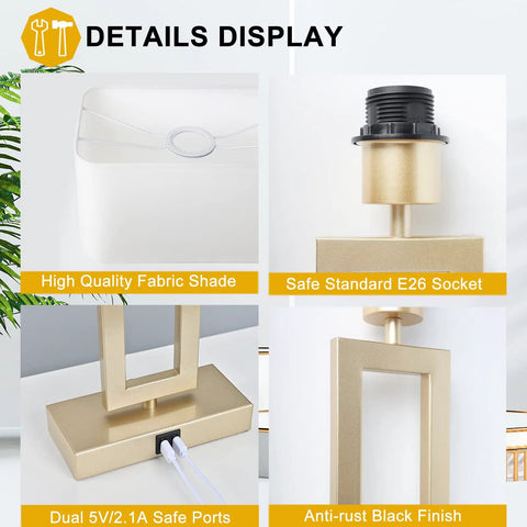 Detail features of Dual USB Table Lamps Set Of 2 With Touch Control 3 Way Dimmable Bedside Lamps showing fabric shade, socket, ports, finish.