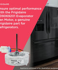 Evaporator Fan Motor 809069201 for refrigerators, white replacement part next to black fridge, ensures smoother performance.