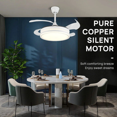Room with Retractable 36 Inch Ceiling Fan With Lights Remote Control Industrial Style Fan and dining table setup