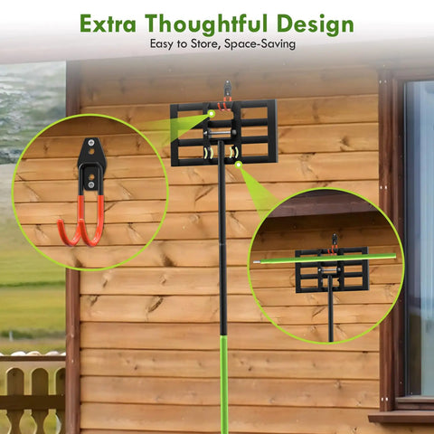 Heavy Duty Lawn Leveling Rake With Six Point Five Foot Steel Handle 17 By 10 Inch Leveling Tool stored on wooden wall