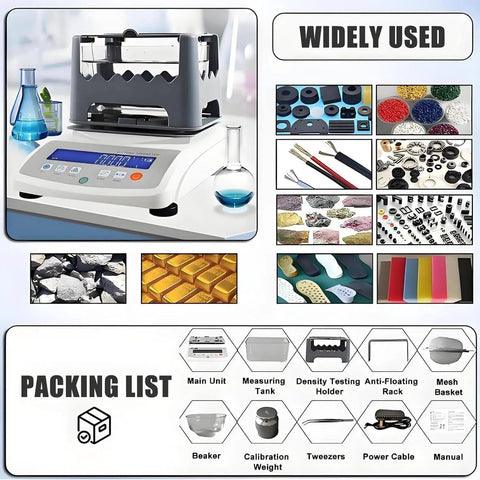 Dead On Digital Gold Purity Tester Machine Heavy Duty Density Scale Built Tough Zero Hassle Precision Gravimeter measuring setup with beakers.