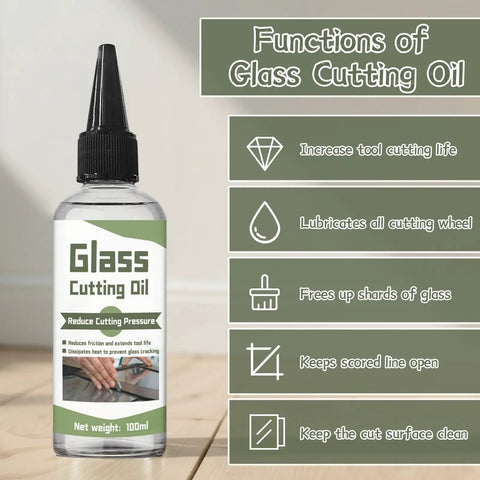 All Glass Cutting Tools Oil For Smooth Cuts And Long Tool Life, 100ml bottle on table with product features listed.