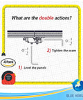 Diagram showing Double Action Countertop Joint Fasteners 4 Pack with steps to level panels and tighten seams for woodworking surfaces.