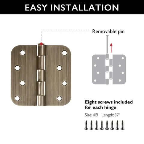 Built Thick Steel Interior Door Hinges Four Inch Antique Brass Finish Three Pack With Removable Pin For Smooth Daily Swinging And No Hassle Residential Installation showing removable pin and screws.
