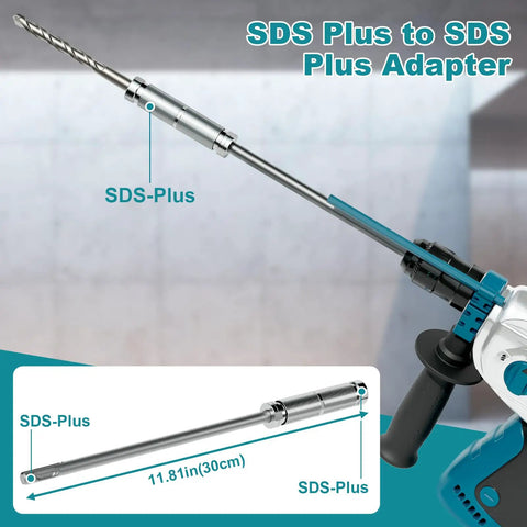 Heavy Duty SDS Plus To SDS Plus Adapter Shaft with beefed up alloy steel, 11.81 inches long for intense hammer drilling.