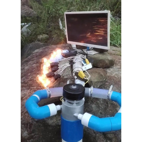 1000W Micro Hydroelectric Generator 220V Mini Water Turbine Power Station with connected lighting, three 50mm inlets visible