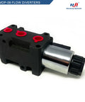 Hydraulic solenoid flow diverter valve, 6-port 2-position, 12V DC; black plastic body, red port seals, silver solenoid