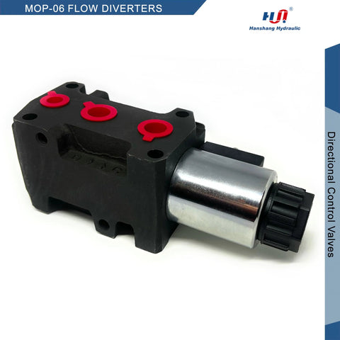 Hydraulic solenoid flow diverter valve, 6-port 2-position, 12V DC; black plastic body, red port seals, silver solenoid