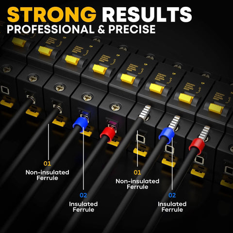 Close-up view of non-insulated and insulated ferrules connected, showing Beefy Ferrule Crimping Tool Kit With Ratchet Pliers For 24-8 AWG Wire Includes 18 Insulated And Non Insulated Ferrules Self Adjusting Pliers Wire Ferrules Kit Square Crimp Connector Assortment For Home Auto And Electronics.