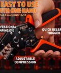 All-In-One Solar Crimp Tool Kit With AWG 16-10 Crimper showing features like quick release trigger and adjustable compression