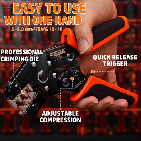 All-In-One Solar Crimp Tool Kit With AWG 16-10 Crimper showing features like quick release trigger and adjustable compression