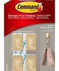 Pack of Small Brass Tone Metal Hooks With Adhesive Strips, 4 Hooks And 5 Strips, Damage Free Wall Hangers, No Tools Needed