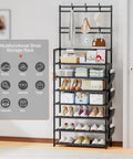 7 Tier Shoe Organizer With Hooks And Side Pocket Freestanding Shoe Rack For Front Door Entryway Holds 21 To 28 Pairs