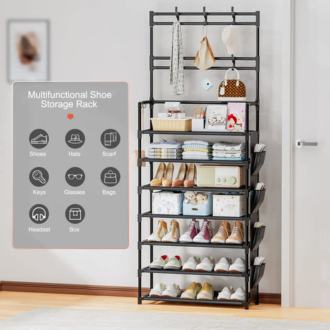 7 Tier Shoe Organizer With Hooks And Side Pocket Freestanding Shoe Rack For Front Door Entryway Holds 21 To 28 Pairs