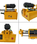 Front view of TECHTONGDA 110V portable line boring and welder machine; yellow base, black motor, control knob
Side view of TECHTONGDA 110V portable line boring and welder; yellow housing, long boring rod, green wiring
Close-up of motor and guide rail on TECHTONGDA line boring welder; yellow clamps, silver rod
Rear/installed view showing control panel with red emergency stop on TECHTONGDA machine; yellow frame