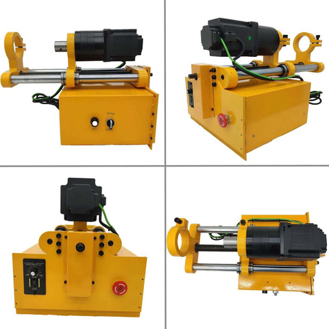 Front view of TECHTONGDA 110V portable line boring and welder machine; yellow base, black motor, control knob
Side view of TECHTONGDA 110V portable line boring and welder; yellow housing, long boring rod, green wiring
Close-up of motor and guide rail on TECHTONGDA line boring welder; yellow clamps, silver rod
Rear/installed view showing control panel with red emergency stop on TECHTONGDA machine; yellow frame