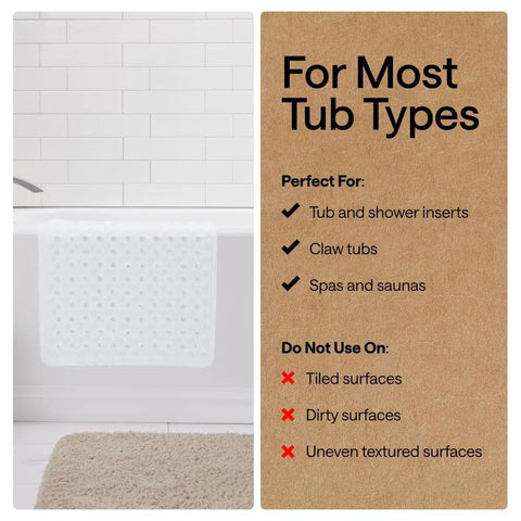 Premium Non Slip Bath Mat With Power Traction Suction Cups That Stay Locked For Stable Bathtub Floor Liner Featuring Rapid Moisture Escape Panels And No Fuss Cleanup Style In Crisp White Dimension Thirty Five By Sixteen displayed on tub.