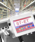 High Speed Online Industrial Inkjet Batch Coder Machine For Printing Date Barcode Logo And Graphic On Production Line display close-up in factory aisle.
