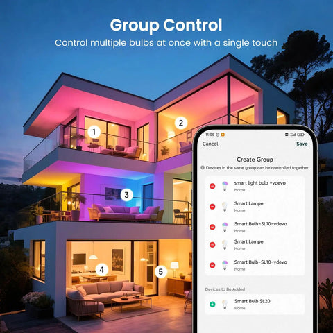 Smart home with colorful lighting using Dimmable Multicolor And White LED Bulb A19 E26 8W 60W Equivalent No Hub Needed Remote Control Via App