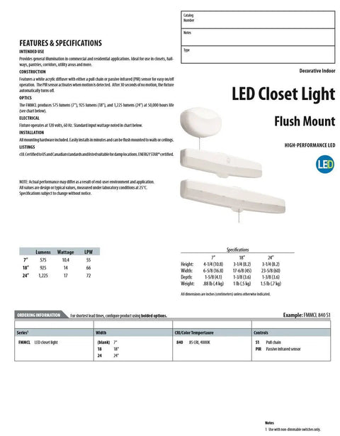 Technical specifications and images of LED Flush Mount Closet Light With Pull Chain 24 Inch White 1220 Lumens Energy Star Certified 4000K Ultra Bright Ceiling Fixture For Closets Garages Laundry Rooms.