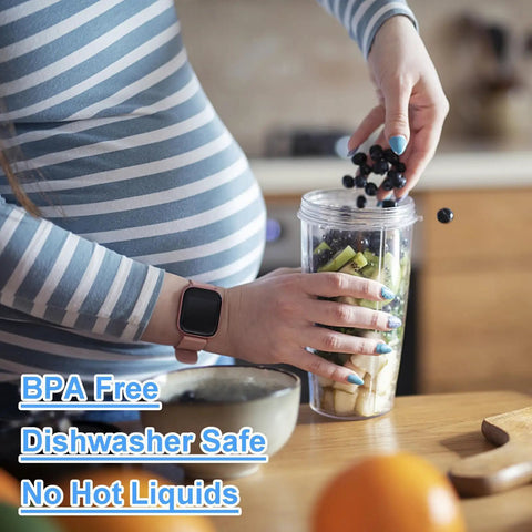 Person adding fruit to 32oz replacement cup for 600W and 900W blenders, BPA-free, dishwasher safe, illustrated features on image.