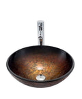 USZWBY Bathroom Vessel Sink with Faucet and Drain Combo Vessel Bowl Sink Tempered Glass Countertop Sink Bowl Round Brown Art Above Counter Sink Art Basin, Thickness 12 Cm, top view with polished chrome faucet.