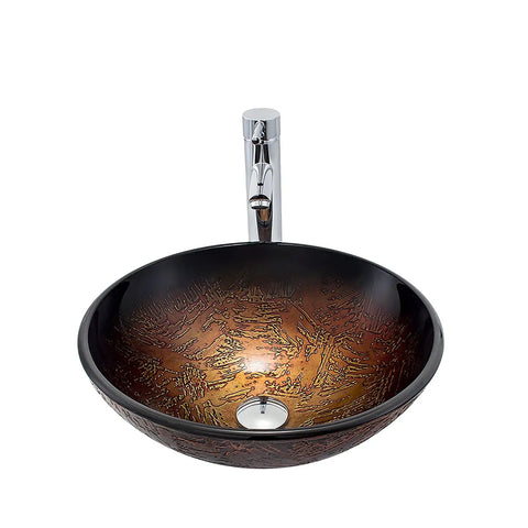 USZWBY Bathroom Vessel Sink with Faucet and Drain Combo Vessel Bowl Sink Tempered Glass Countertop Sink Bowl Round Brown Art Above Counter Sink Art Basin, Thickness 12 Cm, top view with polished chrome faucet.