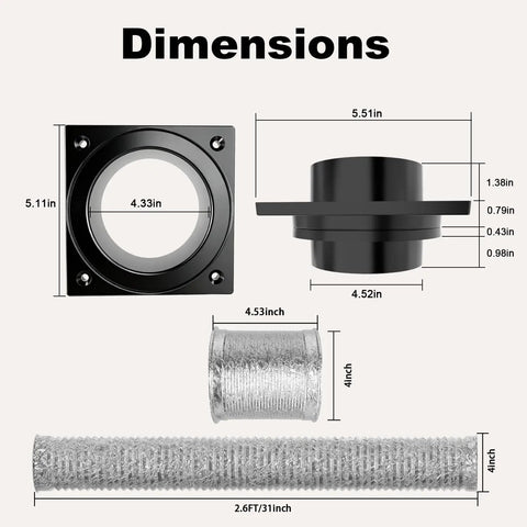 Dimensions of Magnetic Dryer Vent Connector Kit With Self Aligning Seal And Quick Disconnect For Easy Cleaning Includes 4 Inch By 2.6 Foot Duct And Clamps For Airtight Seal And Simple Setup