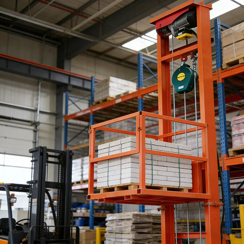 Heavy Duty Electric Freight Workhorse Featuring Quiet Hydraulic Wall Mounted Vertical Hoist lifting pallets in warehouse.