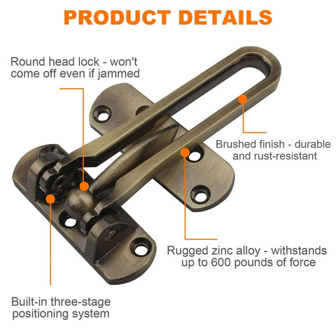 Swing Bar Door Lock Latch With A Three Seven Eighths Inch Bar Length For Front Doors Keeps Door Slightly Ajar For Visibility And Ventilation Child Safety Guard Reinforcement Lock Hardware For Extra Security And Easy Install, brushed zinc alloy finish, detailed view showing round head lock and mounting hardware.
