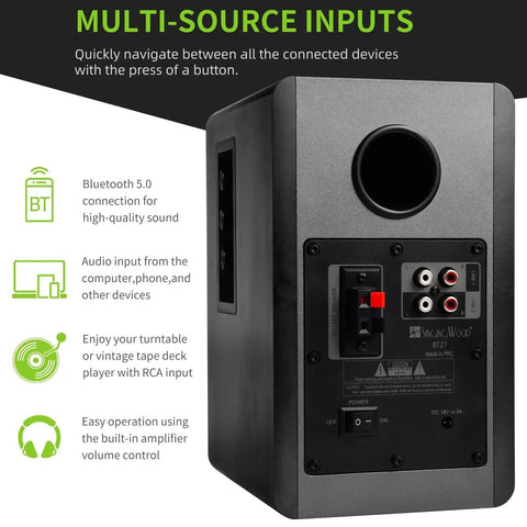 Back panel of Booming 60W RMS Active Bluetooth Bookshelf Speakers With DSP And DRC For PC TV And Turntable, showing inputs