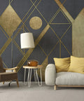 Living room with geometric wall design using Matte Gold Peel And Stick Molding Trim, flexible mirror border for walls, 5m x 0.66cm.