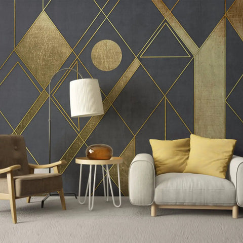 Living room with geometric wall design using Matte Gold Peel And Stick Molding Trim, flexible mirror border for walls, 5m x 0.66cm.