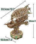 Side view of a 3D Wooden Airship Puzzle For Adults, Steampunk Vibe Fantasy Model Kit with dimensions 33.5x30x18.6cm