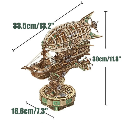 Side view of a 3D Wooden Airship Puzzle For Adults, Steampunk Vibe Fantasy Model Kit with dimensions 33.5x30x18.6cm