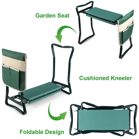 Foldable Garden Kneeler And Seat With Heavy Duty Steel Frame All In One Large Tool Pouch Wider EVA Foam Pad Easy Fold Design