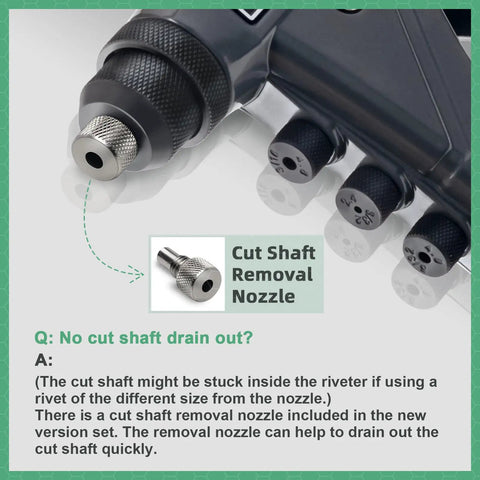 Close-up of the cut shaft removal nozzle from One Handed Pop Rivet Gun Set With Extended 9.6 Inch Ergonomic Handle And Non Slip Grip