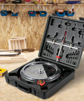 Adjustable Hole Saw Cutter Kit Pro Grade Heavy Duty Set for Recessed Lights and Ceiling Speakers Includes Two Pilot Bits Dust Shield Twin Blade Recessed Saw with Multiple Blades and Handy Storage Box open in workshop.
