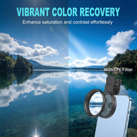 52mm Clip-On Circular Polarizer Filter for iPhone and Android showcasing vibrant color recovery on a lake scene