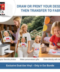 Three-step guide showing All In One Craft Bundle For Makers Compatible With Explore Air Cutting Machine With Weeding Tools HTV Vinyl Permanent Vinyl LED Light Pad Paper Cutter Cutting Mats Transfer Tapes Sticker Papers Storage Box And Exclusive Printables; examples of printed photo, personalized shirt, and child drawing.