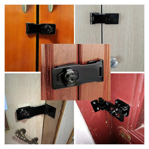 Two Pack Keyed Hasp Locks With Twist Knob For Small Doors And Cabinets, Stainless Steel Security Latches, Black Finish, Installed View