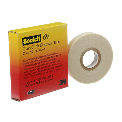 Glass Cloth Electrical Tape 69 One Half Inch by 22 Yard Premium Grade With Silicone Adhesive, shown with packaging
