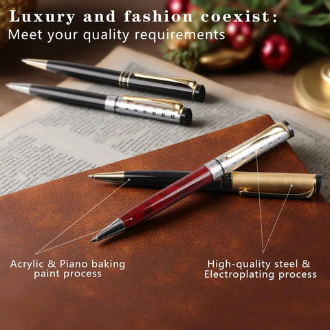 Premium Retractable Ballpoint Pen Set With Metal Body 7 Refills In Black Blue Red displayed on a desk with luxury design
