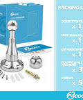 Magnetic Door Stopper With Hydraulic Shock Absorbent Tech, Soft Catch Magnetic Hold, shown with components and packaging