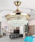 42 Inch Invisible Ceiling Fan Chandelier With Light Remote Control Crystal Sleek Chic Vibe Modern Decor Golden Finish