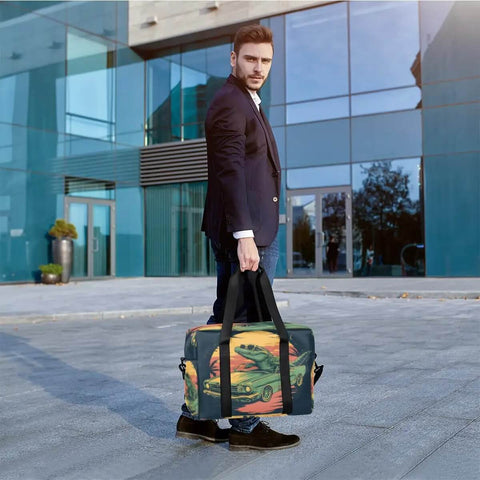 Man holding Alligator Pattern Travel Duffel Bag For Men And Women Waterproof Gym Bag Carry On Weekender Overnight Foldable 18L