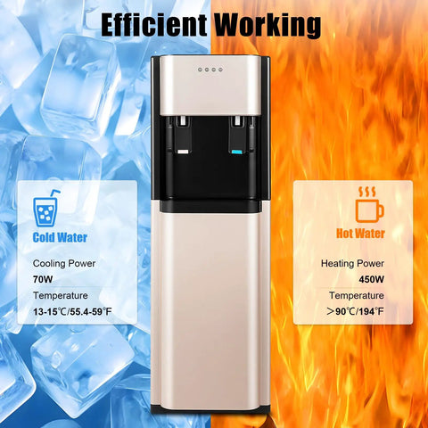 Bottom Loading 5 Gallon Water Dispenser With Hot And Cold Water, 620W 110V Vertical Cooler with temperature settings, gold finish