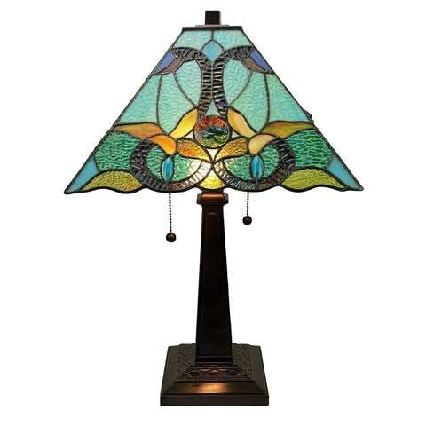Dope Stained Glass Banker Style Table Lamp 20 Inch Tall Vintage Inspired Glass Shade For Nightstand Living Room Bedroom LED Compatible